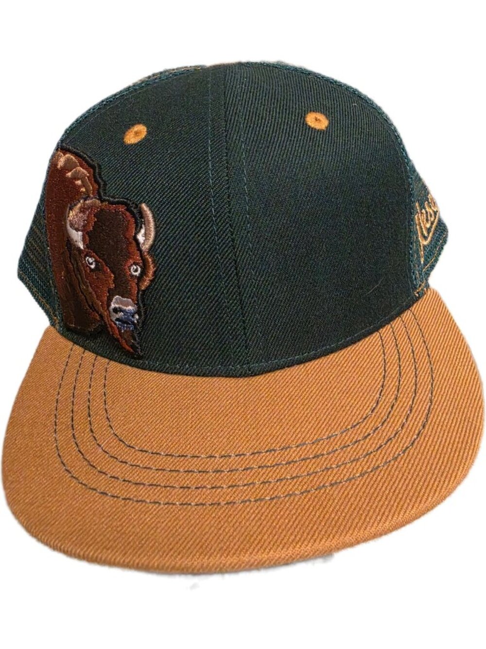 Aksels Kids Bison Flat bill Snapback Hat Trucker Cap Green Tan Under Brim Hooves